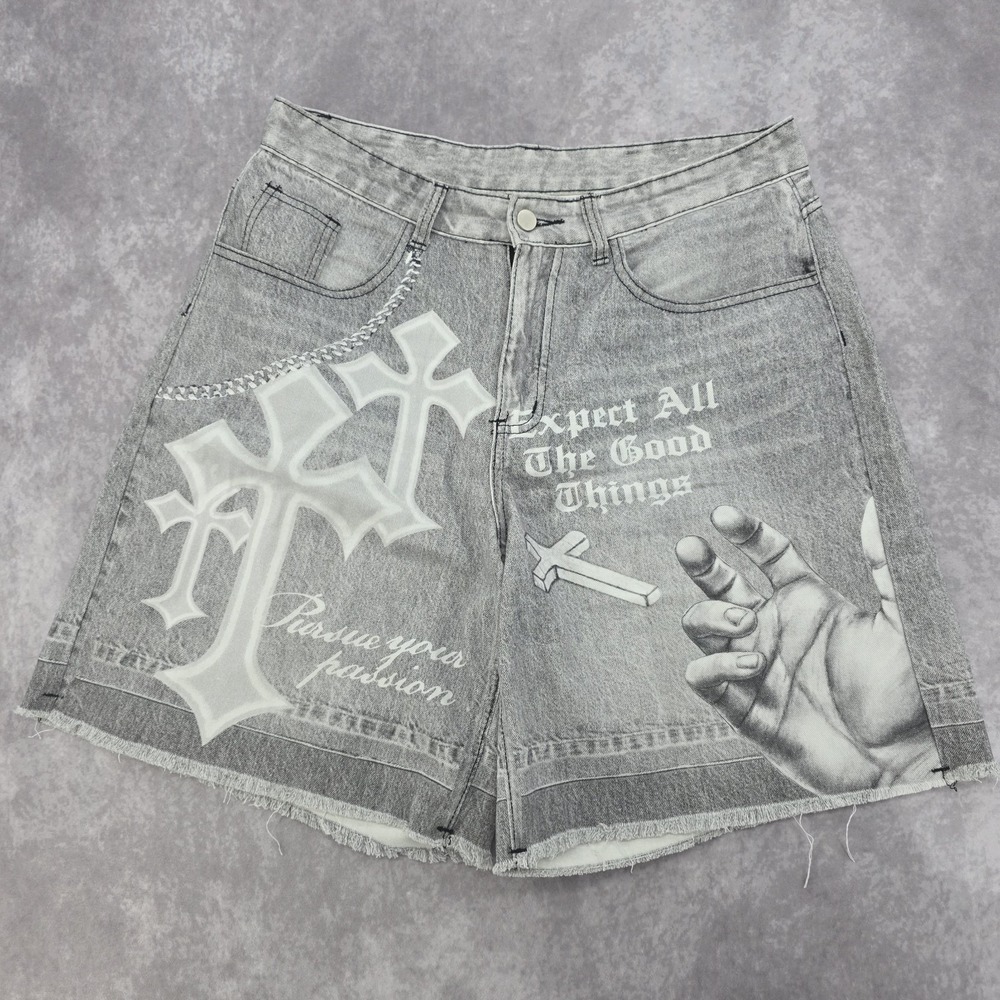 Y2K Style Mens Baggy Jorts Goth Cross Print Denim 34 Light Grey Grunge  Raw